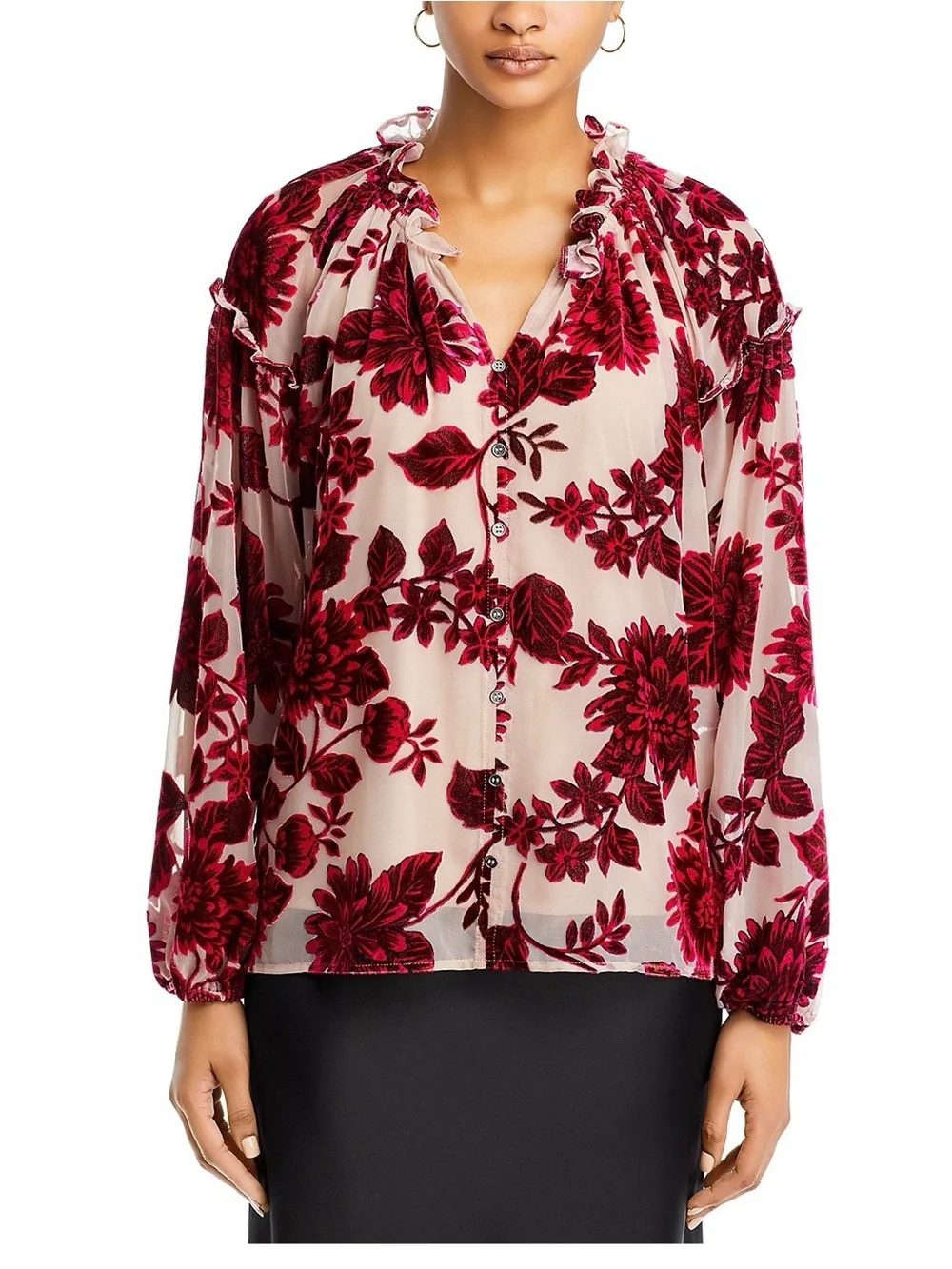Bloomingdale’s Cupio Red Floral Burnout Ruffle Blouse on Cream size Large - Picture 3 of 16